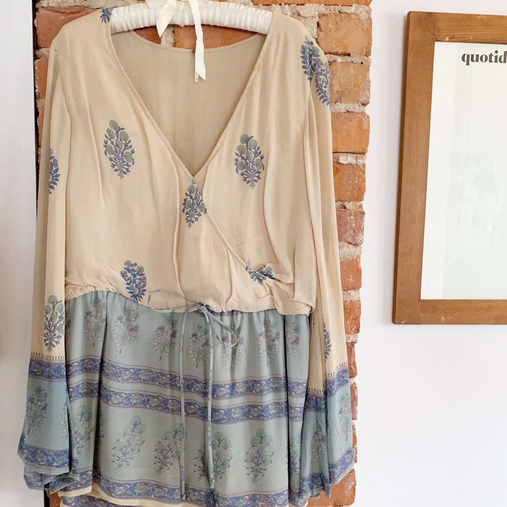 Free People Bell Sleeve Tan & Turquoise Romper M